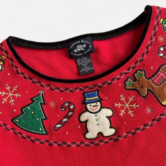 Vintage Moving Bleu Red Ribbed Long Sleeve Shirt  Embroidered Christmas Designs - Picture 3 of 7